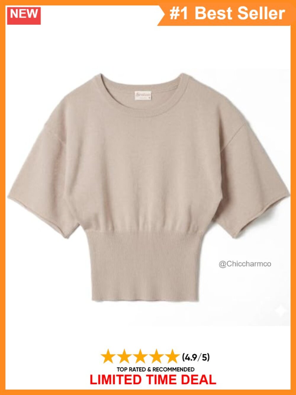Womens Short Sleeve Ribbed Knit Sweater Crew Neck Cinched Waist Fitted Pullover - Picture 5 of 5